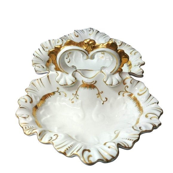 Divided Serving Dish w/ Center Handle Stamped #7608 Bright Gold Trim - Picture 5 of 12